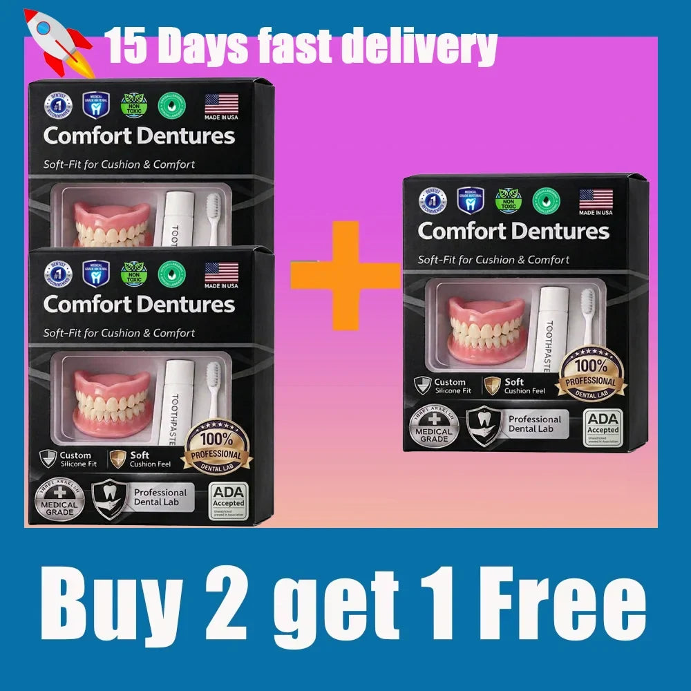 Temporary Adjustable Resin Full Dentures, Natural Bright White Smile, Easy Wear Cosmetic Dental Kit