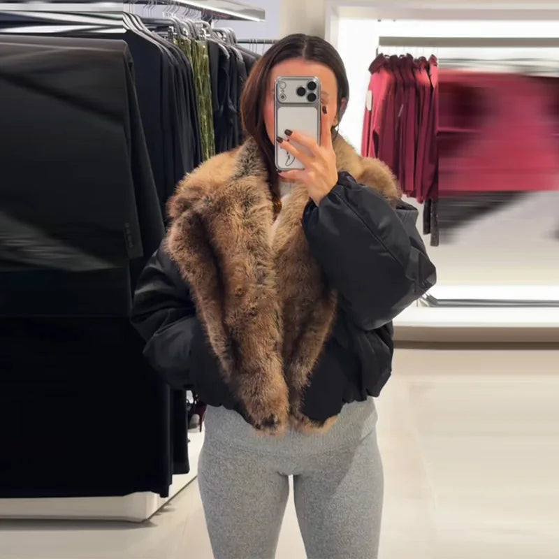 Fashion Faux Fur Patchwork Cotton Coat Women Lapel Zipper Pocket Cropped Street Warm Jacket 2026 Winter Lady Puffer Jackets New