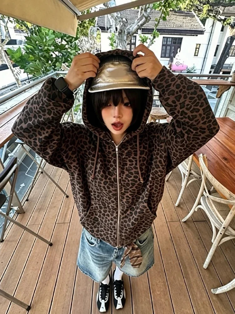 Y2K Leopard Print Hooded Jacket Women Full Zip Drawstring Hood Long Sleeve Loose Fit Streetwear Street Club Ladies Outerwear