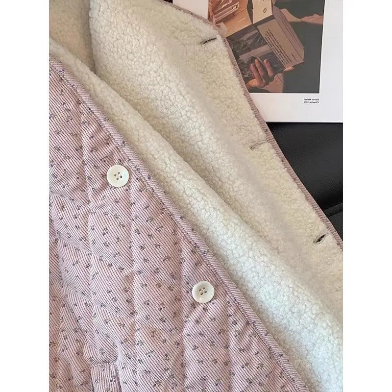 Chic Floral Corduroy Jacket for Women - Korean Loose Fit Round Neck Long Sleeve Cotton Top, Warm Versatile Autumn Winter Shacket