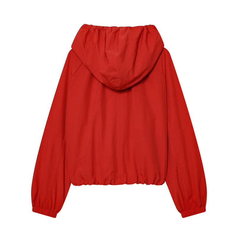 Women's Jacket 2026 Autumn New Red Long-Sleeve Drawstring Decorative Festive Hoodie Zipper Cardigan Casual Fashion Versatile