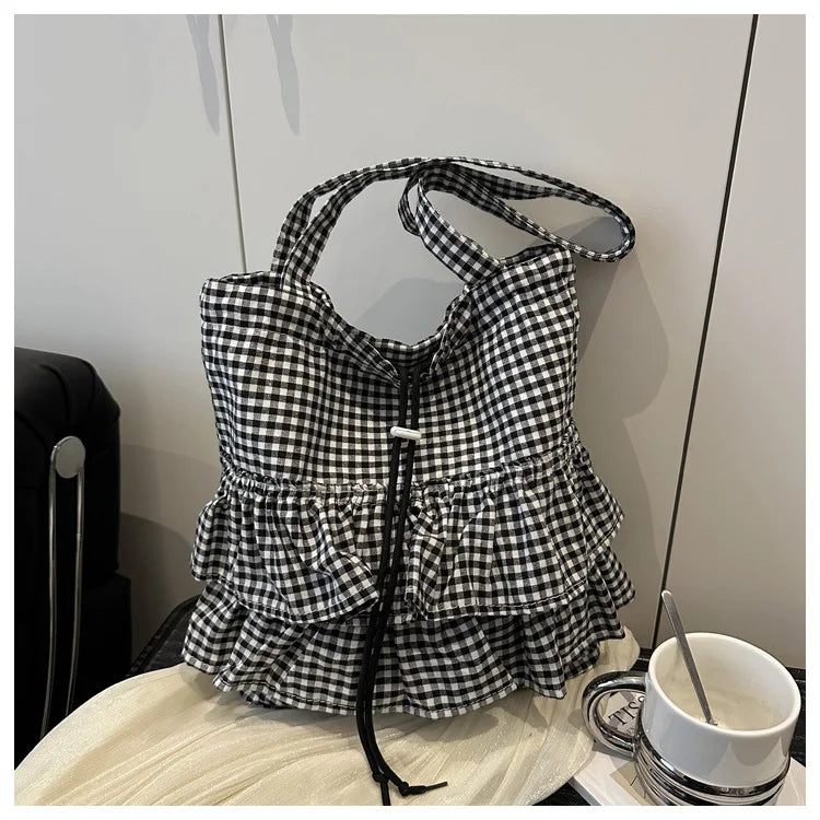 Large Capaci Cute Plaid Cotton Tote Bag  Lace Trim Women's Summer 2025 Simple Lady Handbag Soft Shoulder Bags Bolsa Feminina