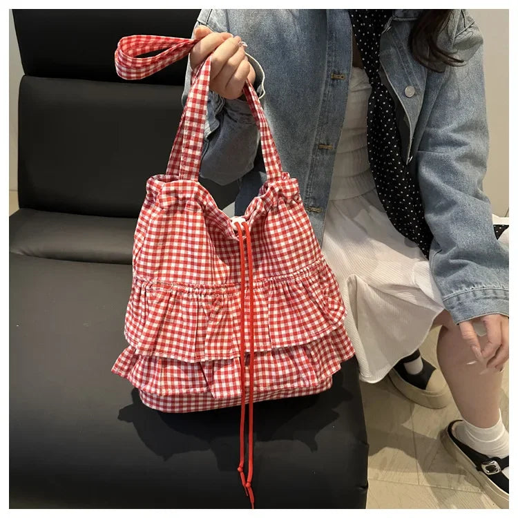 Large Capaci Cute Plaid Cotton Tote Bag  Lace Trim Women's Summer 2025 Simple Lady Handbag Soft Shoulder Bags Bolsa Feminina