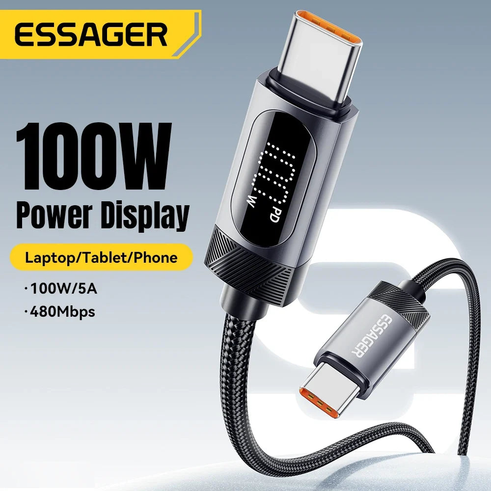 Essager Digital Dispaly USB C Cable For iPhone 17 16 15 Xiaomi Huawei 100W PD Fast Charging For Macbook iPad Type C to C Cable