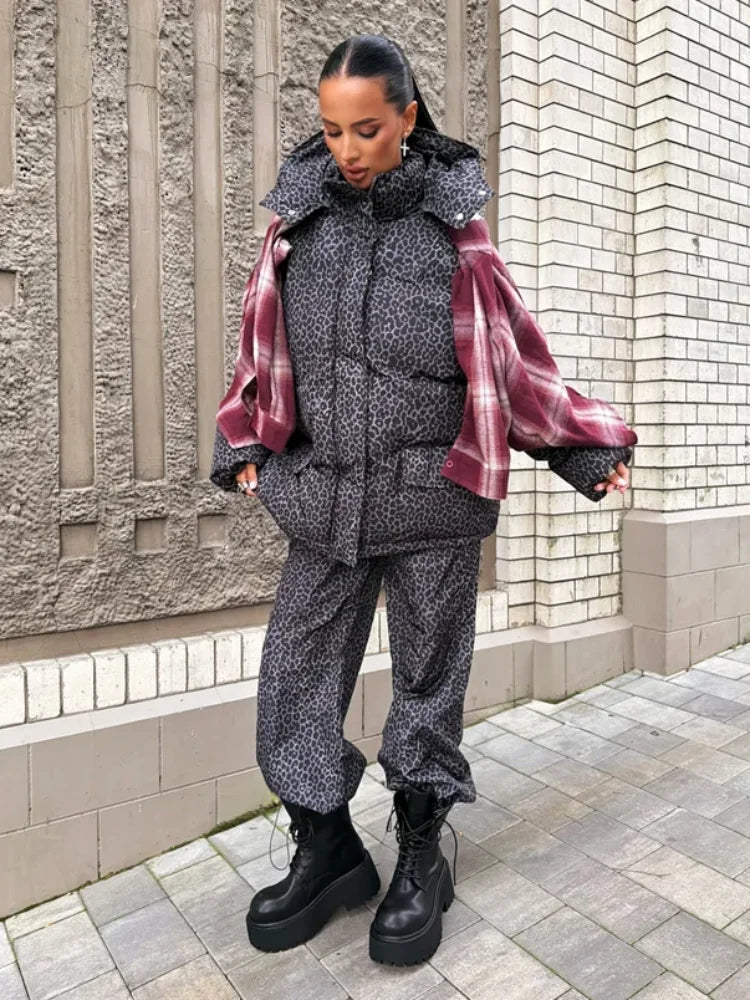 Chic Leopard Hooded Puffer Coat Set Women Quilted Full Sleeve Zip Jacket Wide Leg Pants 2026 New Lady Winter Thicken Warm Outfit