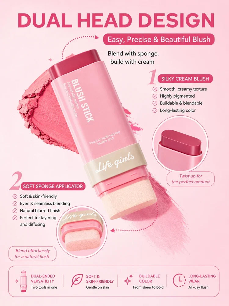 3-in-1 Cream Blush Stick Cheeks Lips Eyes, Long Lasting Waterproof Blendable Dewy Glow Makeup Stick for All Skin Tones