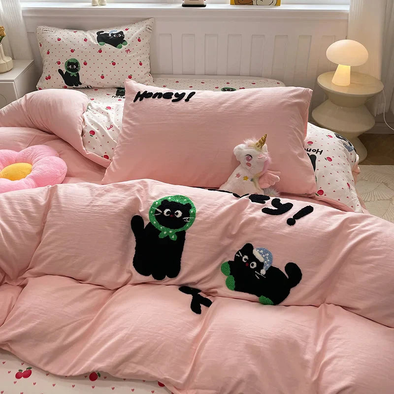 Cute Cat  Bedding Set For adults kids Brown pink Lovely Bed Sheet set With Pillowcases Colorful King Queen Full size