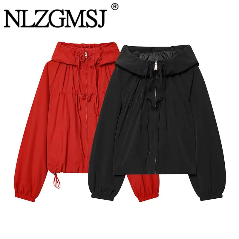 Nlzgmsj 2026 Spring Casual Hoodie Red Jackets Women Long Sleeve Zipper Short Coats Fashion Y2K Girl Outwears