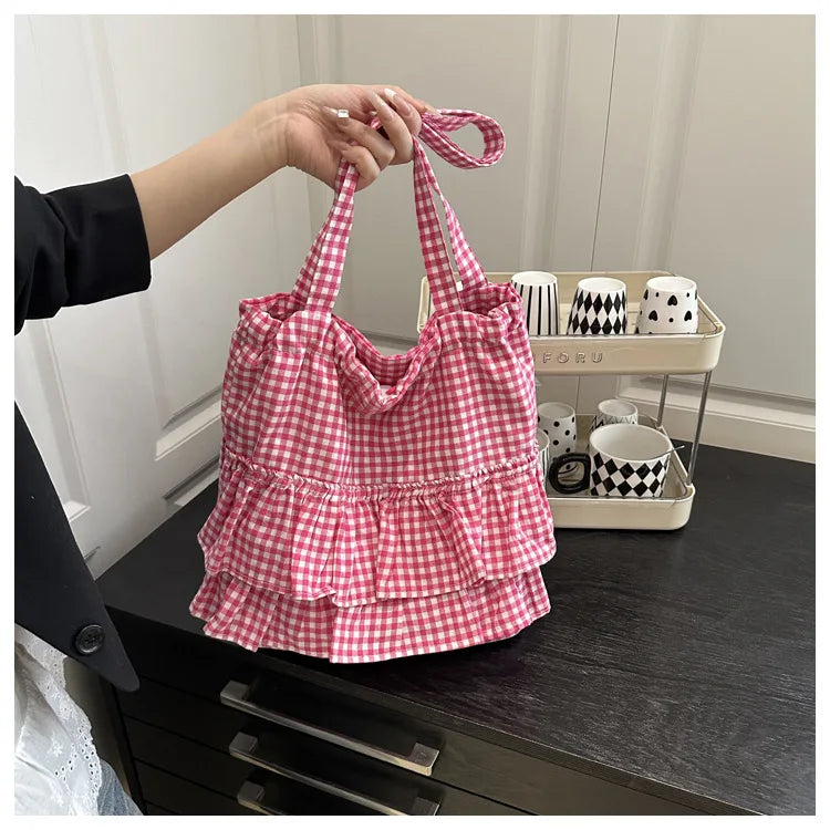 Large Capaci Cute Plaid Cotton Tote Bag  Lace Trim Women's Summer 2025 Simple Lady Handbag Soft Shoulder Bags Bolsa Feminina