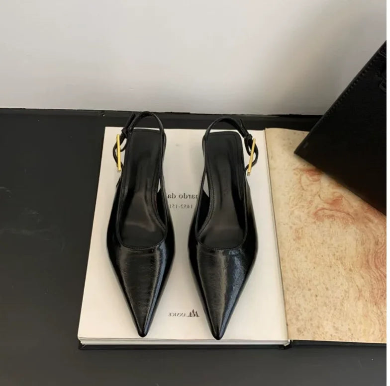 2025 Summer New Women Sandal Fashion Pointed Toe Shallow Slip on Ladies Elegant Slingback Shoes Thin Med Heel Dress Mules Pumps