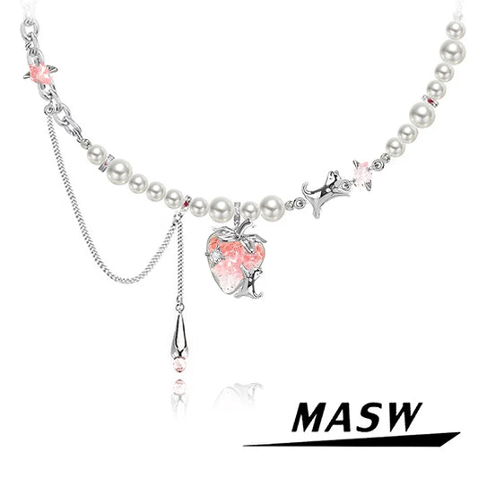 MASW Original Design Elegant Temperament Pink Strawberry Pendant Necklace For Women Wedding Gifts Modern Jewelry Accessories