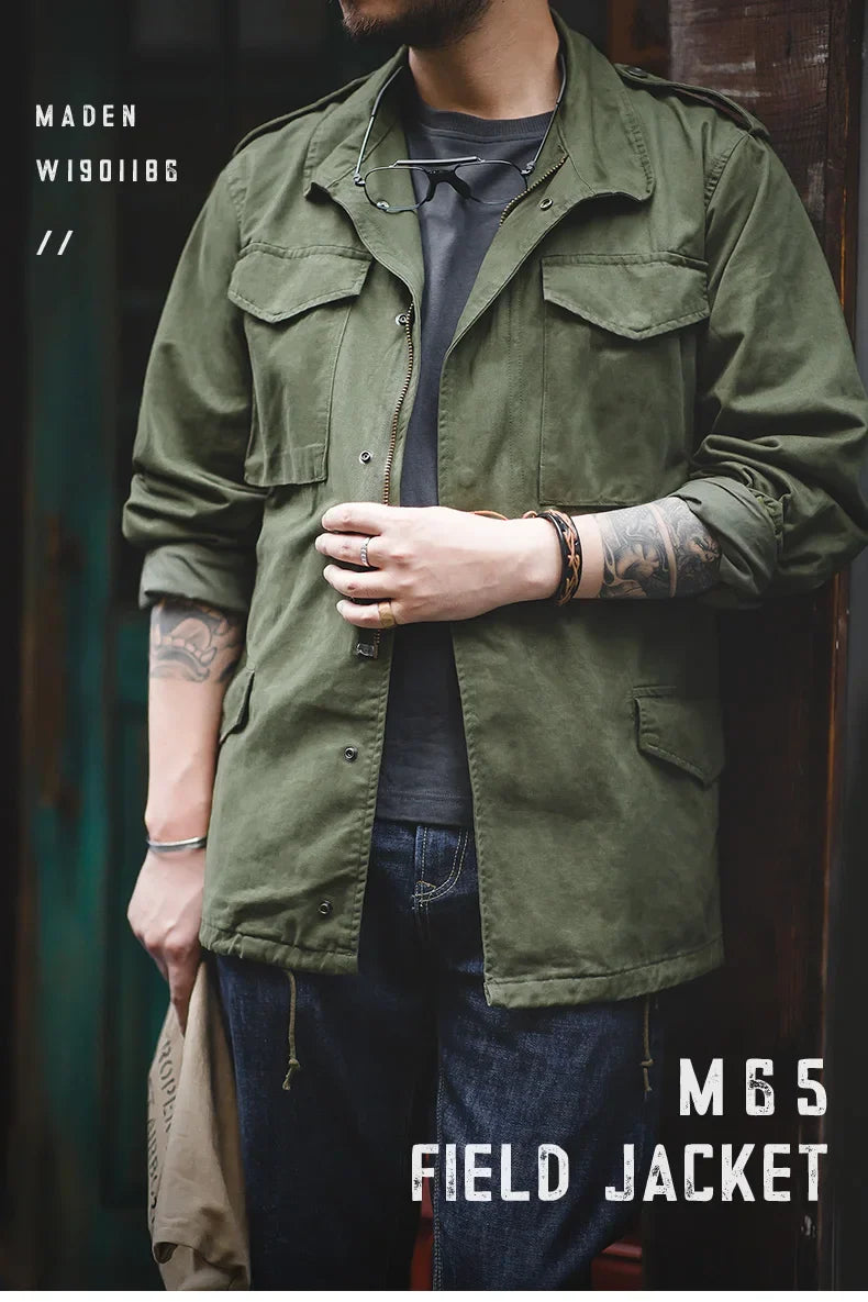 Maden Retro M65 Jackets for Men Green Outdoor Windbreaker Vintage Casual Solid Coat Mens Clothes Multi-Pocket Jacket
