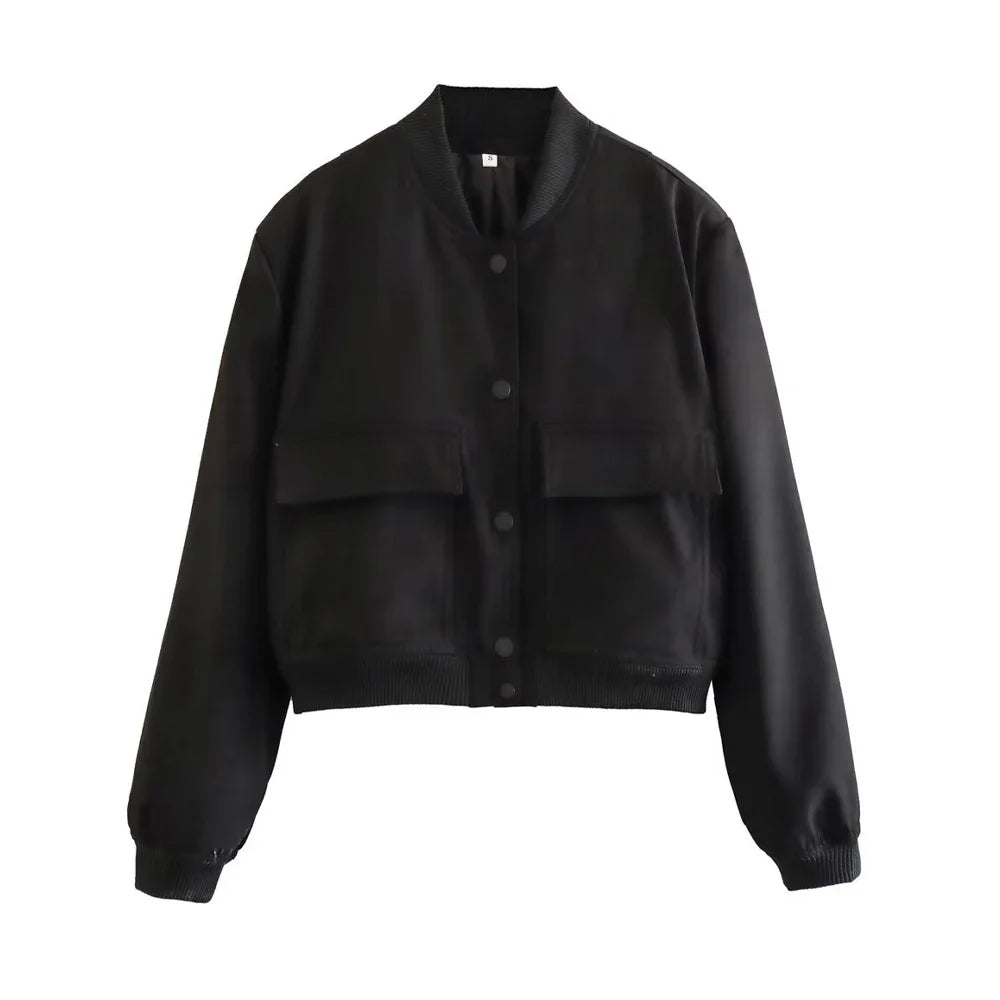 Women Fashion With Pockets Bomber Jacket Coats Vintage Long Sleeve Front Button Casual Female Outerwear Chic Tops