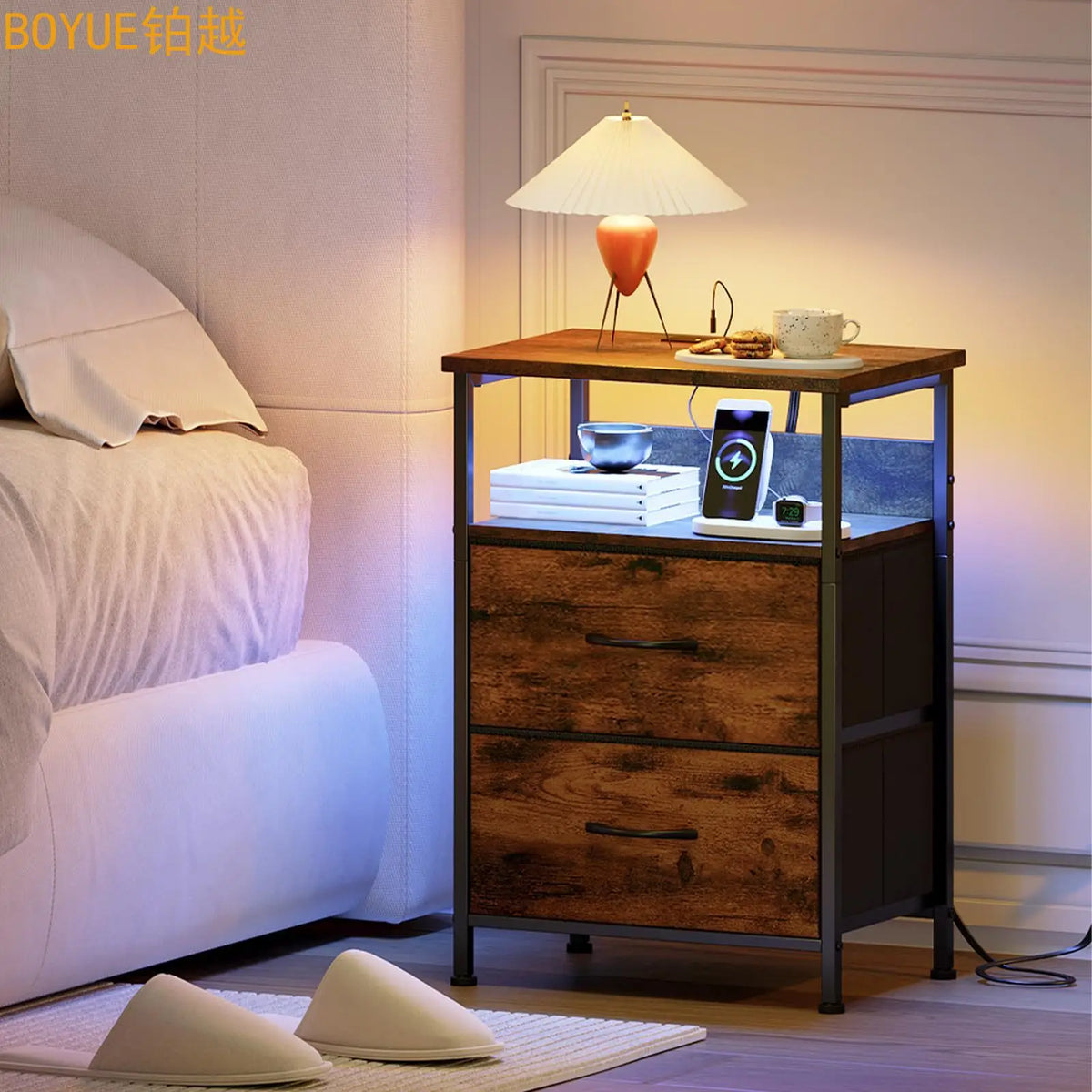 bedside table, chest cabinet, dresser, two drawers with cloth drawers, storage cabinet