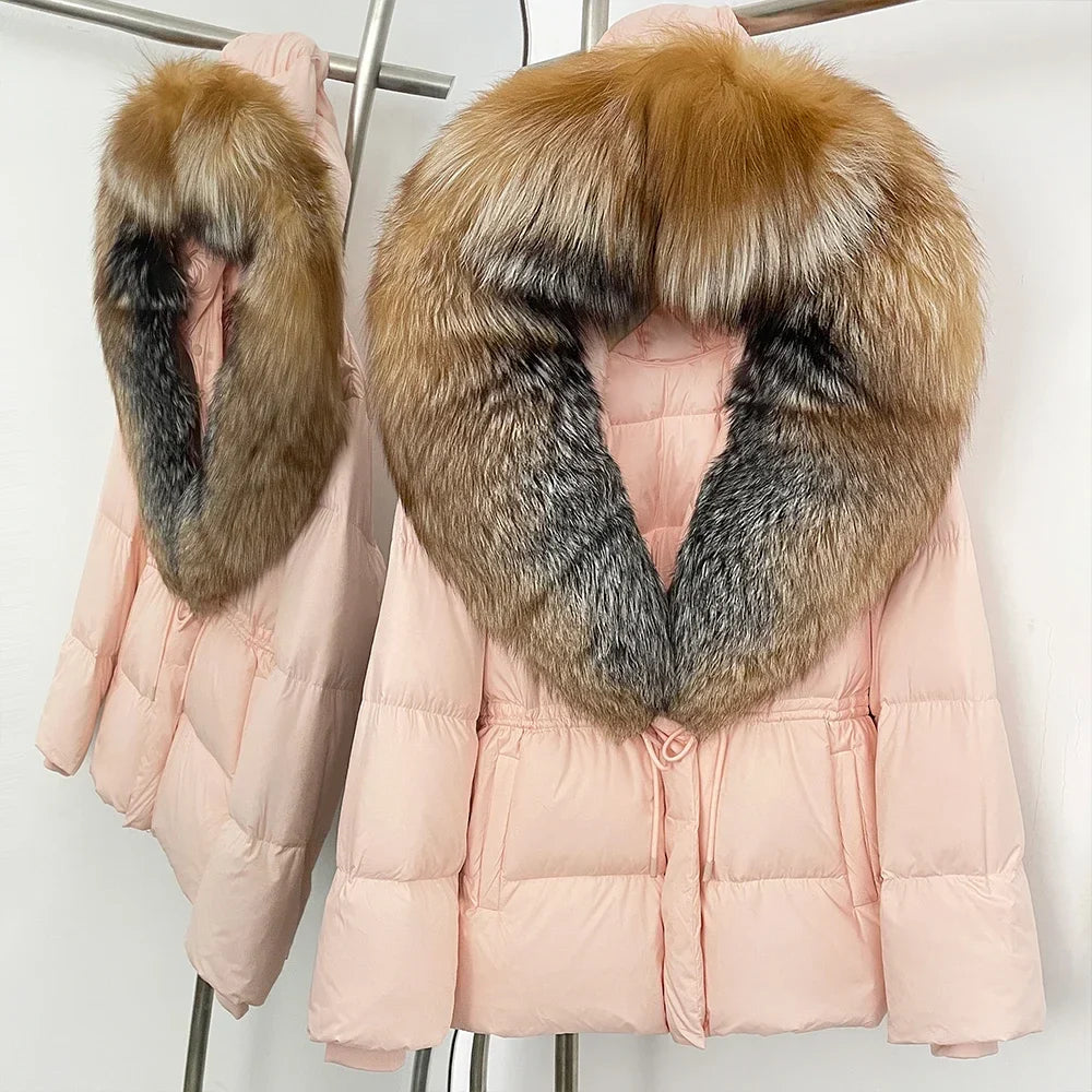 Reality Fur Jacket Real Fur Collar Duck Down Coat Female Winter Hooded Warm Fox Fur Coat Women Natural Raccoon Fur Puffer Jacket