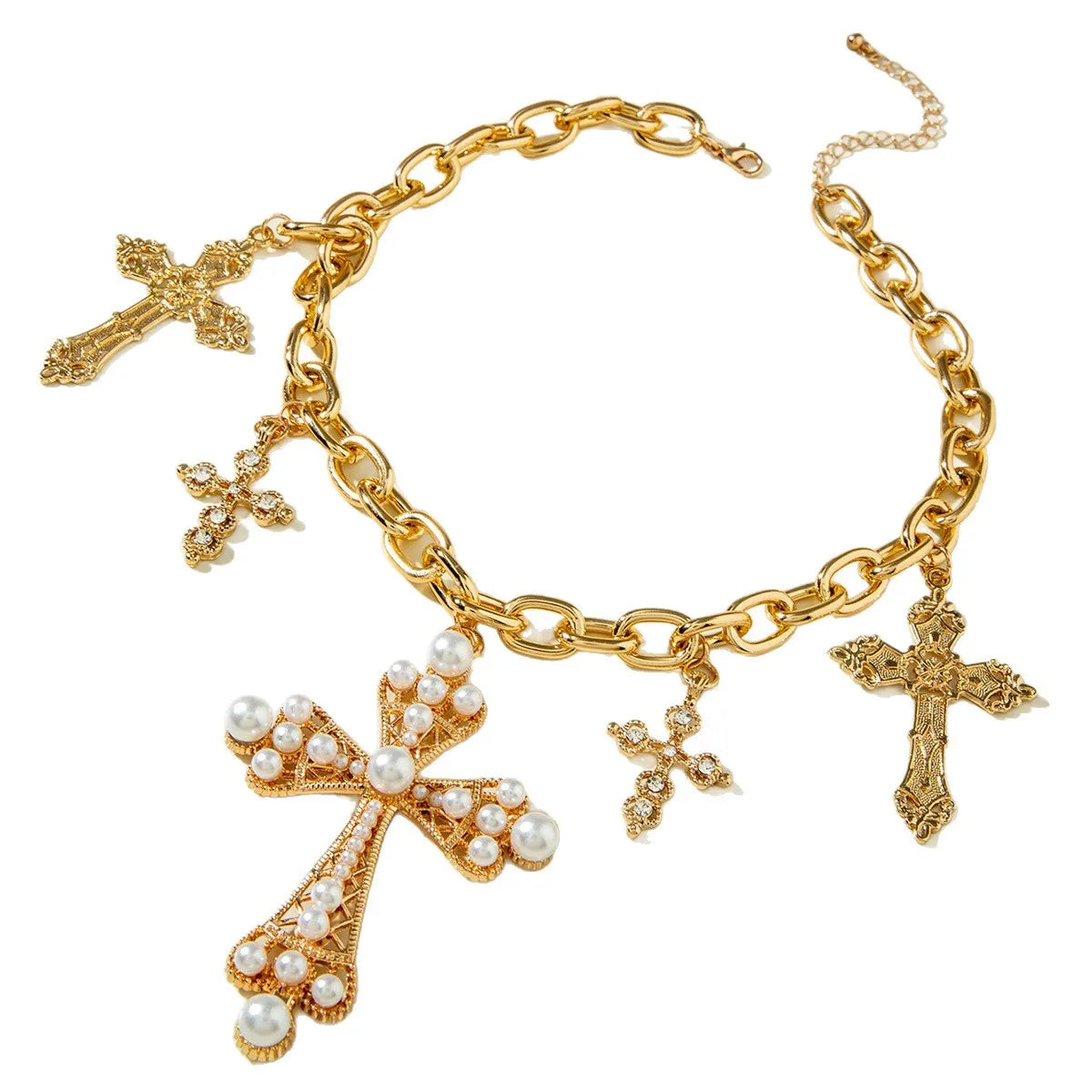Vintage Creative Imitation Pearl Big Cross Pendant Necklace for Men Woman Luxury Rhinestone Choker Adjustable Chain Jewelry