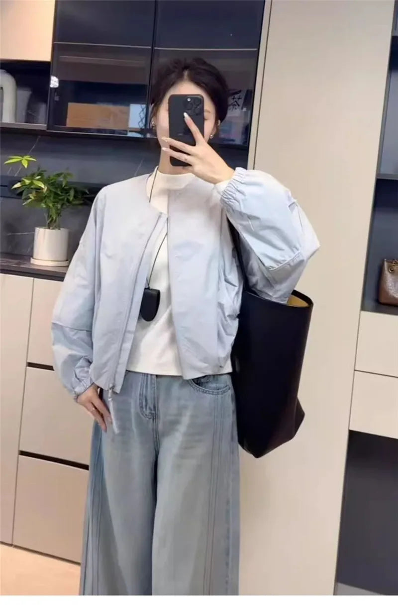 Korean Version Simple Women's Round Neck Solid Color Short Coat 2026 Spring New Female Casual Loose Jacket Joker Little Overwear