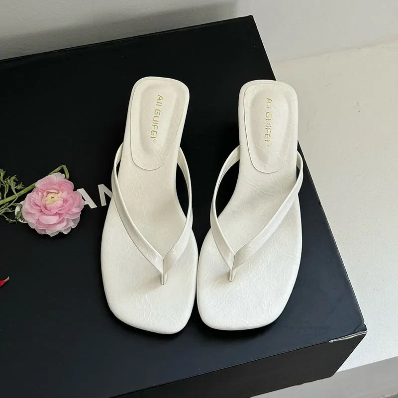 Fashion Square Toe Women 4CM Heels Slippers Slides Sandals Summer Casual Female Flip flops Ladies Thin Heel Slippers Shoes Pumps