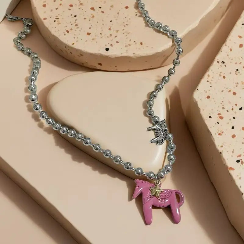 LATS White Black Green Blue Pink Color Enamel Colt Horse Pendant Necklaces for Women Silver Plated Alloy Beads Chain Chokers