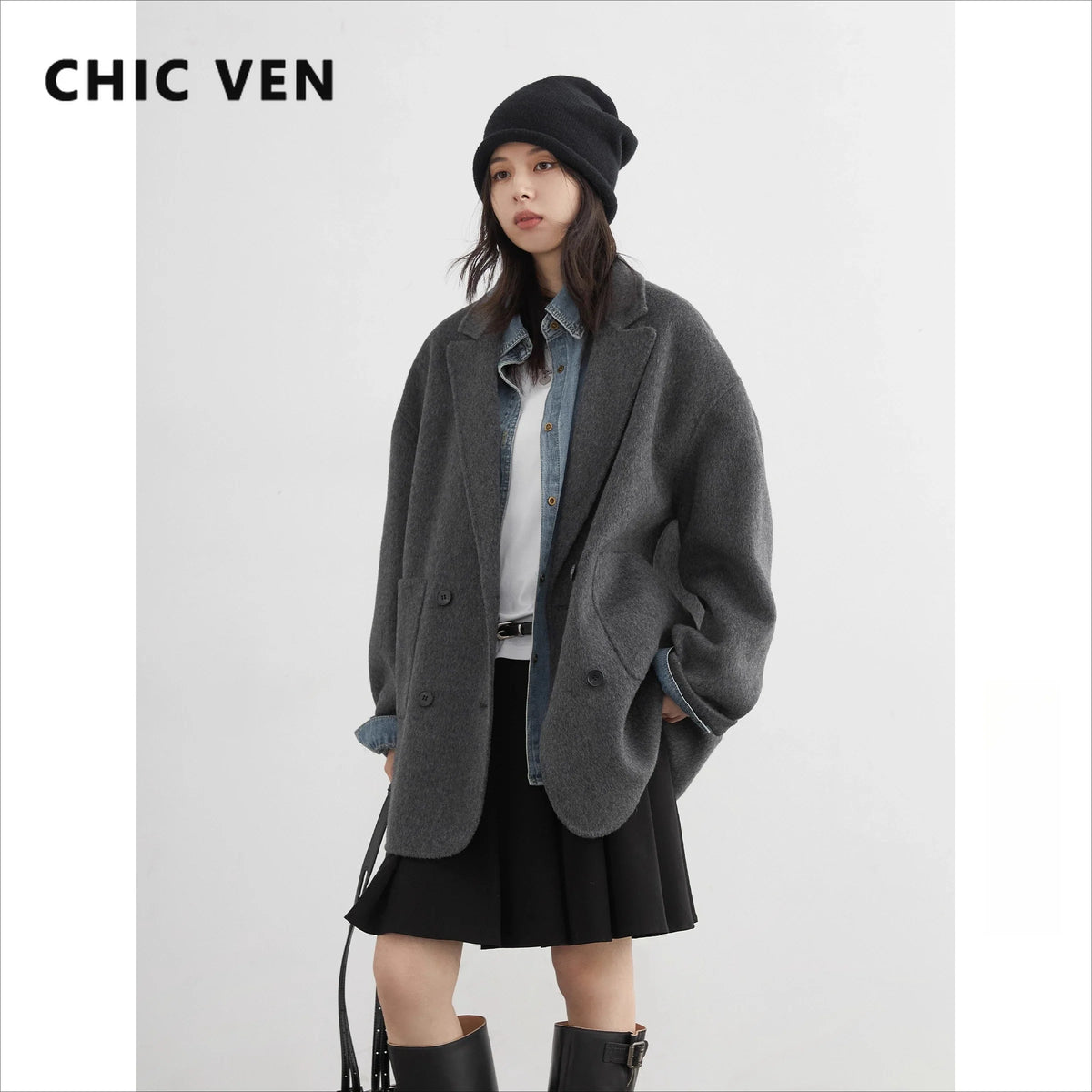 CHIC VEN New Women Woolen Coat Loose Solid Mid-length Double-sided Oversized Office Ladies Jackets Outerwear Autumn Winter 2026