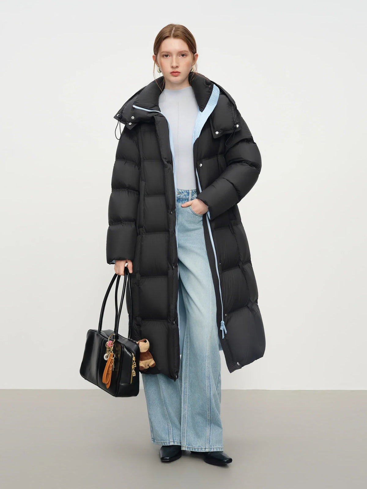 FSLE 2025 Winter New Women's Long Puffer Down Coat with Hood Two-Tone Color Block Thermal Insulated Jacket Heavy Warm Outerwear