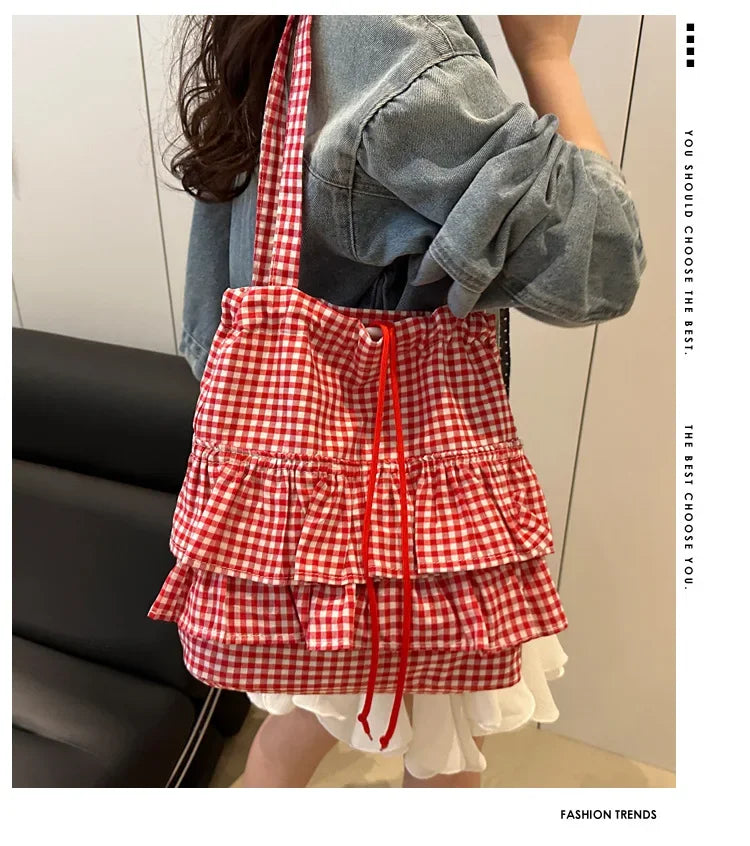 Large Capaci Cute Plaid Cotton Tote Bag  Lace Trim Women's Summer 2025 Simple Lady Handbag Soft Shoulder Bags Bolsa Feminina