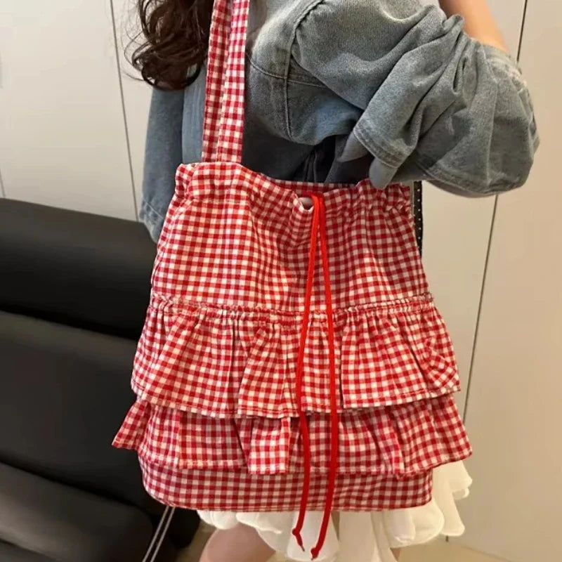 Large Capaci Cute Plaid Cotton Tote Bag  Lace Trim Women's Summer 2025 Simple Lady Handbag Soft Shoulder Bags Bolsa Feminina