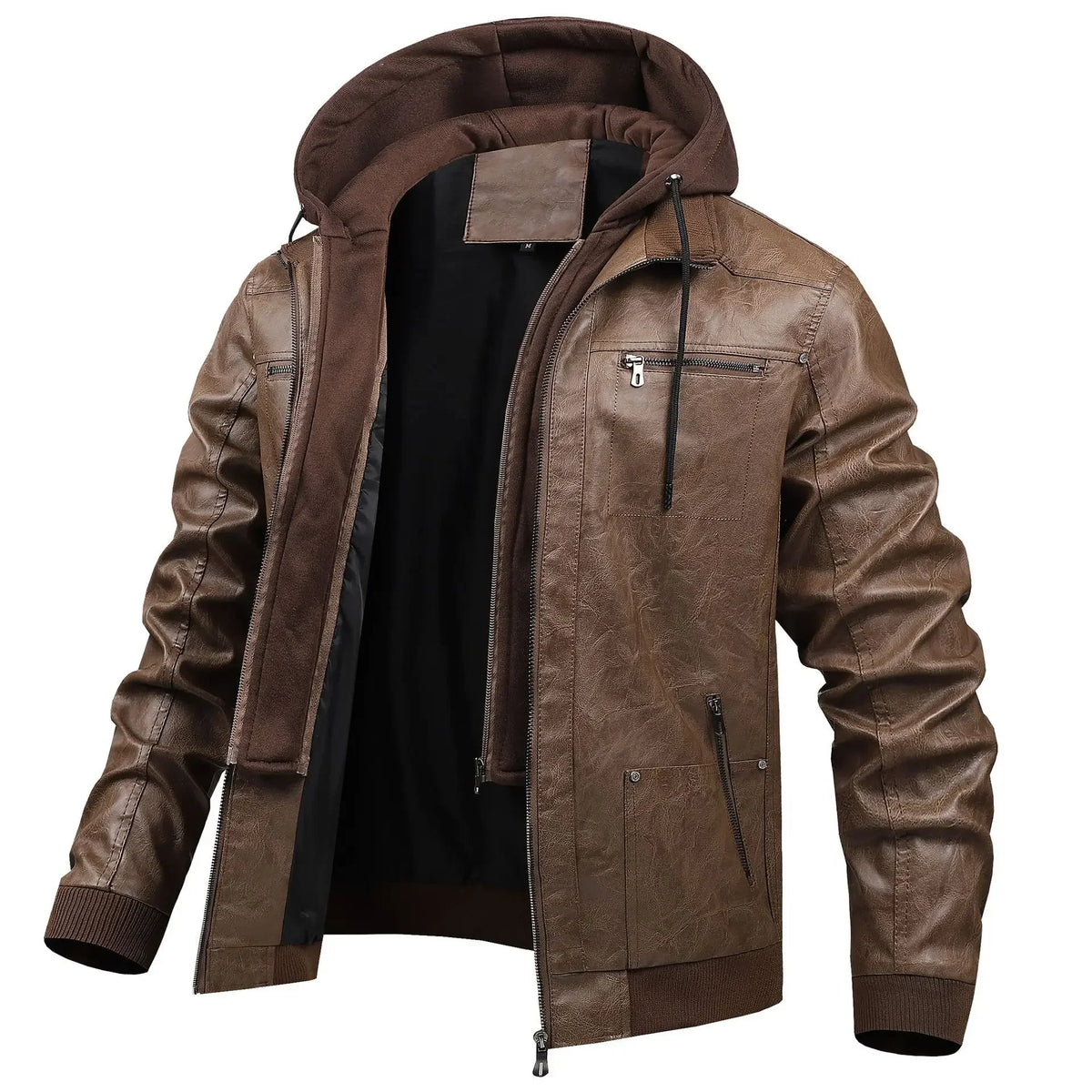 US Size Luxury Quality PU Jacket Men New Winter Faux Two-Piece Hooded Leather Jacket Casual Coat