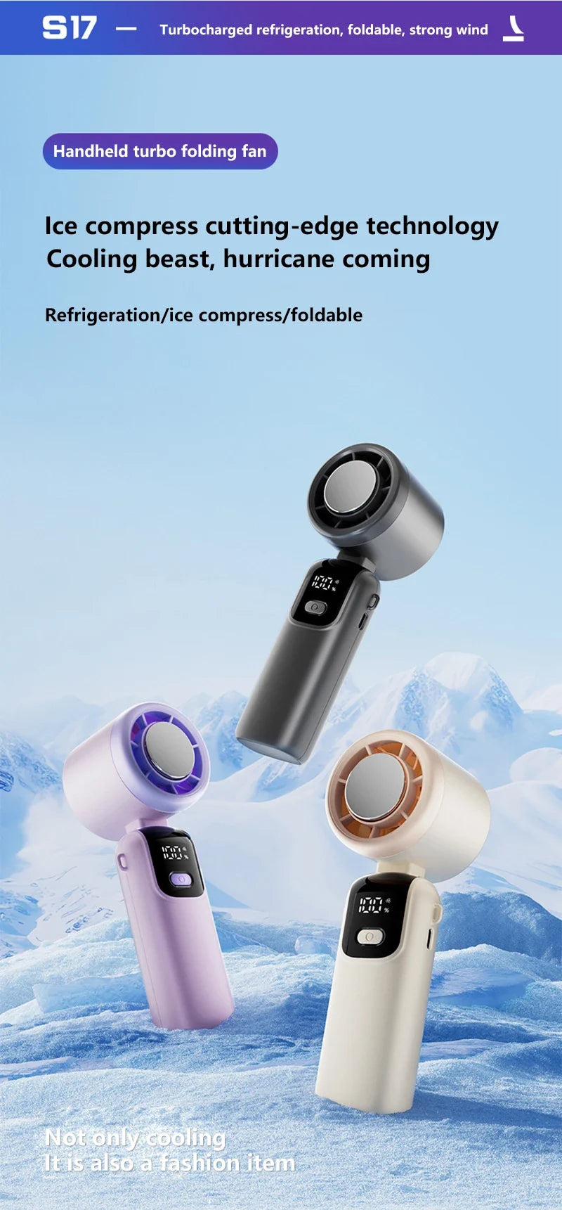 Lenovo Foldable/Hangable USB Desk Fan Ice Cooling Handheld Fan 100 Speeds Turbo Portable for Outdoor Fast Chill Ice Compress New