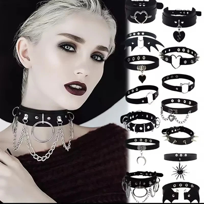 Black PU Leather Punk Choker Collar Necklace with Rivets Gothic Femme Jewelry for Party Club Sexy Goth Pendientes