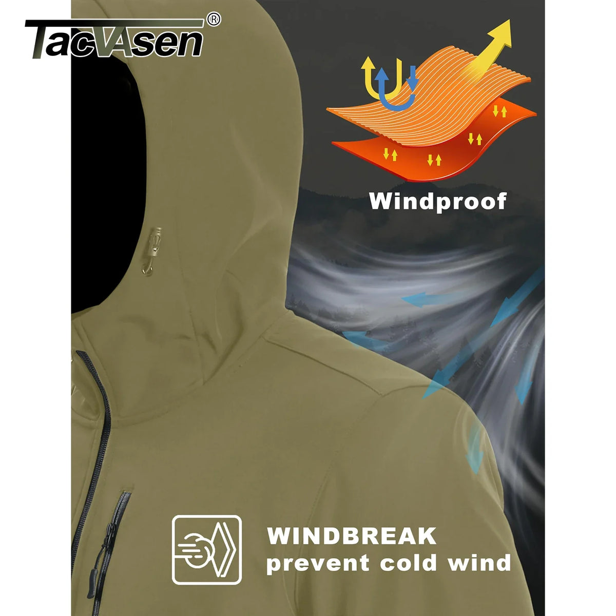 TACVASEN Hooded Rain Softshell Jacket Mens Fleece Lined Waterproof Jacket Work Jacket Outdoor Trekking Hiking Windbreaker Male
