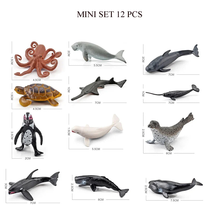 Realistic Mini Ocean Animal Figurines Plastic Marine Sea Creatures Whale Shark Dolphin Turtle Penguin Model Playset Gift for Kid