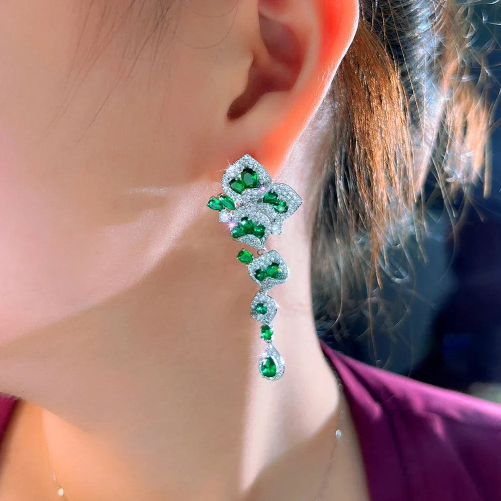 CWWZircons Elegant Green CZ Crystal Flower Water Drop Long Dangle Earrings for Women Beautiful Wedding Party Jewelry Gifts E1159
