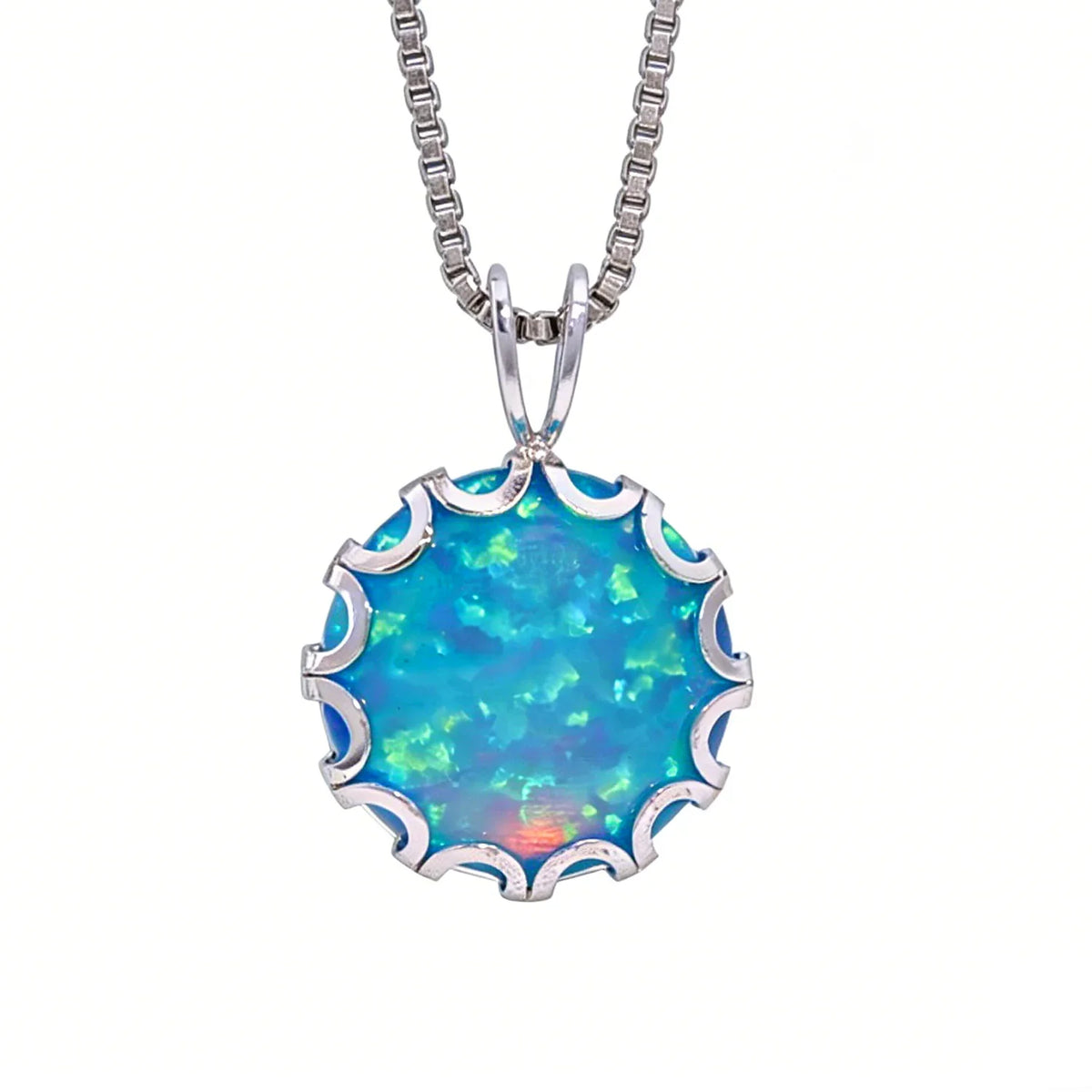 Wave Frame Opal Pendant Necklace,Round Blue Green Opal with Red Fire,White K Plated Floral Jewelry,Dainty Charms Gift for Women
