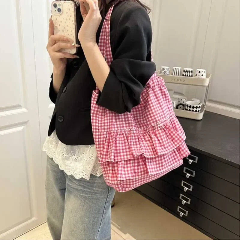 Large Capaci Cute Plaid Cotton Tote Bag  Lace Trim Women's Summer 2025 Simple Lady Handbag Soft Shoulder Bags Bolsa Feminina