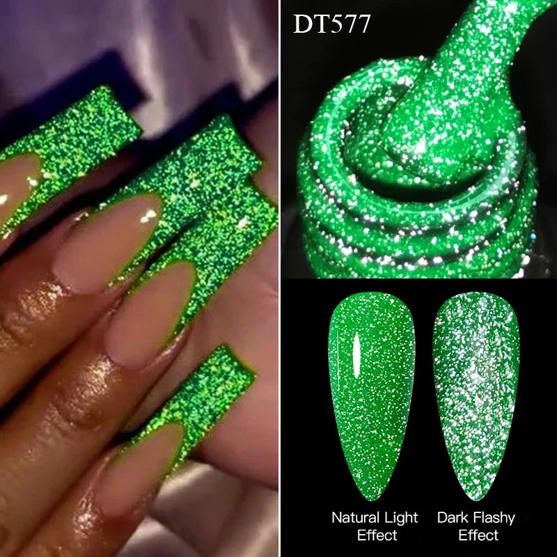 MEET ACROSS 7ml Pink Fluorescent Reflective Gel Nail Polish Glitter Neon Semi Permanent UV LED Gel Nail Art Varnish Manicure