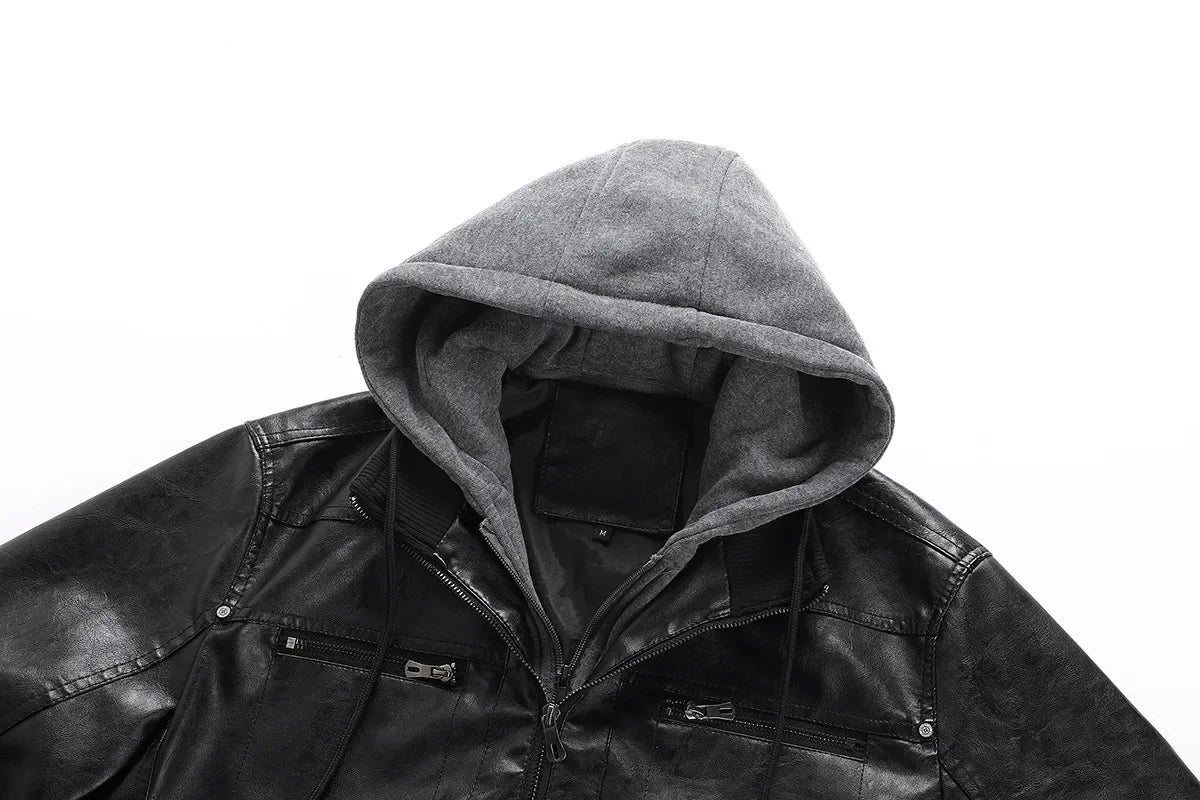 US Size Luxury Quality PU Jacket Men New Winter Faux Two-Piece Hooded Leather Jacket Casual Coat