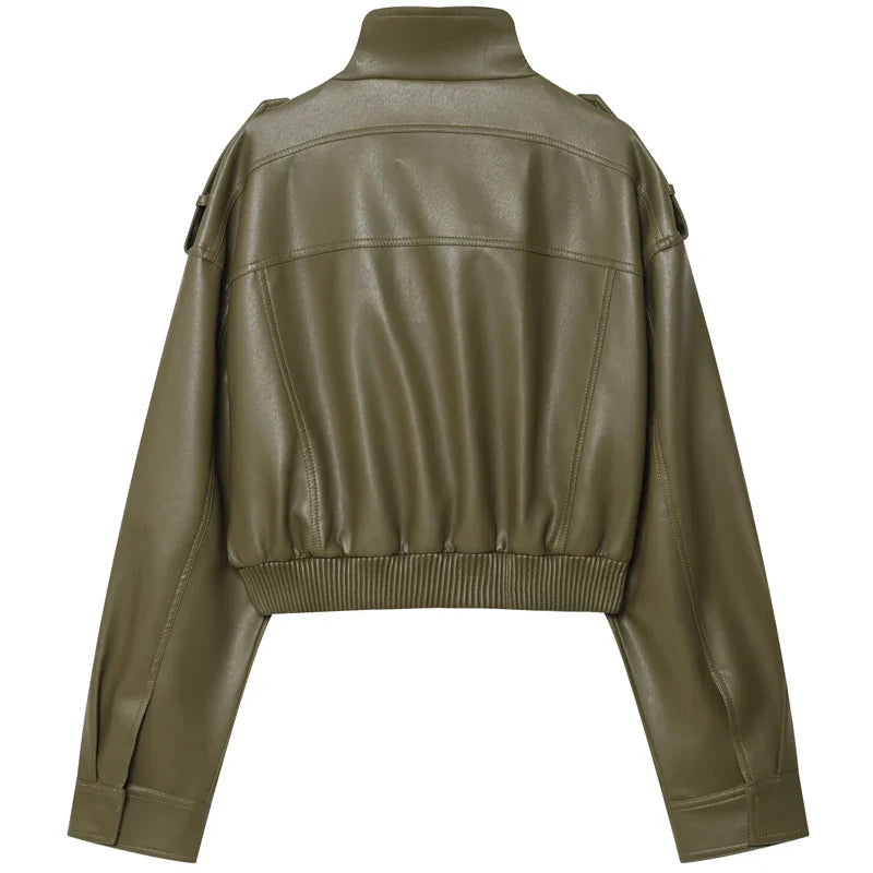 Women's Jacket Faux Leather Jacket Green Women's Demi-Season Jacket Outerwears Women's Autumn New In Coat Windbreaker Streetwear