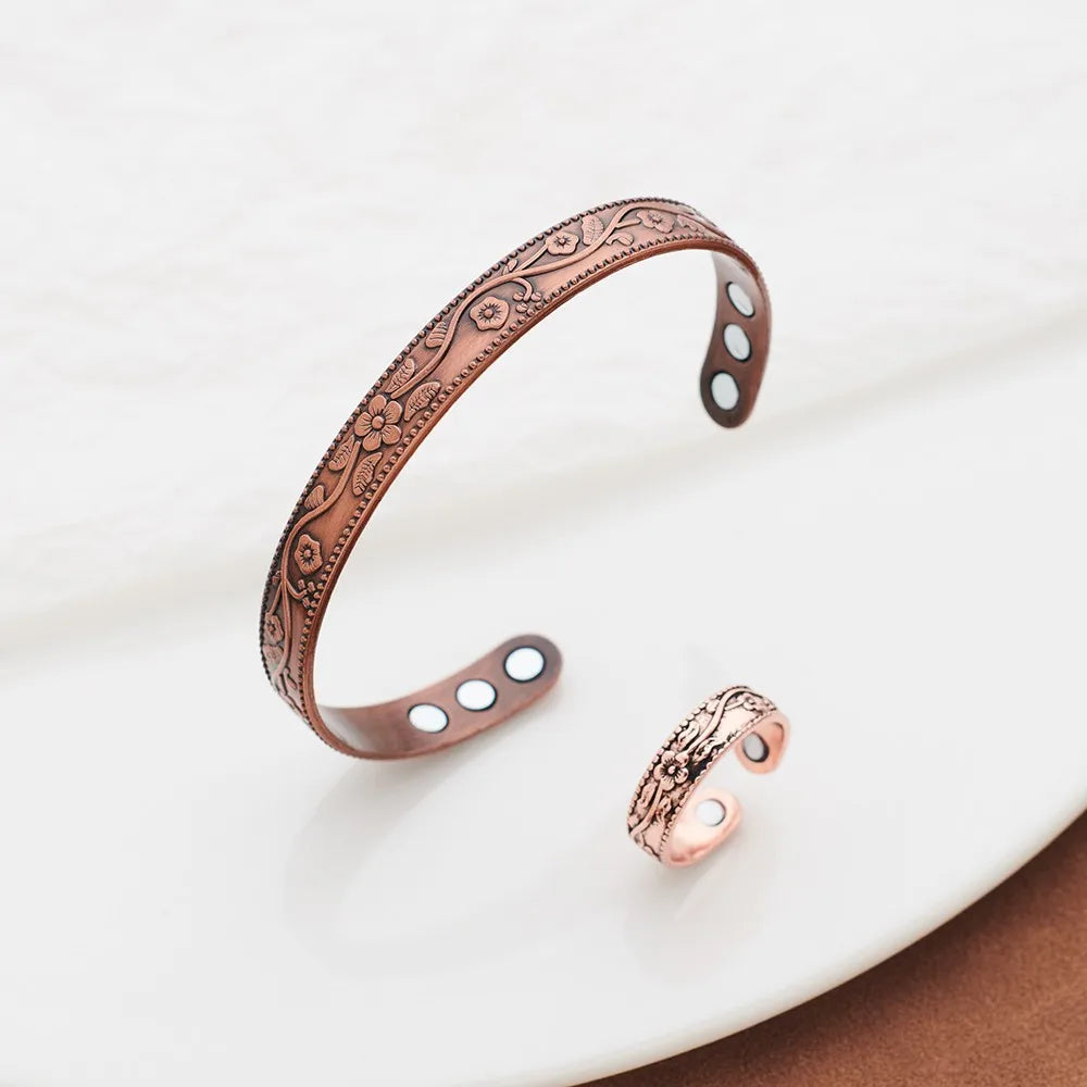 Magnetic Bracelet Retro Flower Ring Bracelet Set Adjustable Men's and Women's Plated Ancient Red Copper Magnetic Bracelet