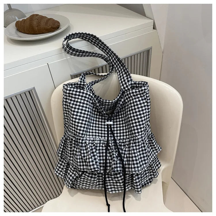 Large Capaci Cute Plaid Cotton Tote Bag  Lace Trim Women's Summer 2025 Simple Lady Handbag Soft Shoulder Bags Bolsa Feminina