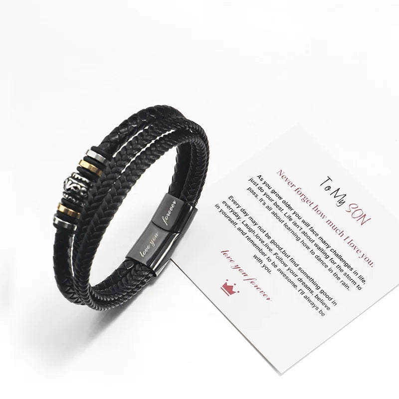 Bracelet for Son/Grandson From Parents, Stainless Steel Leather Bead Grown Up Meaningful Graduation Gifts for His Birthday 8.5"