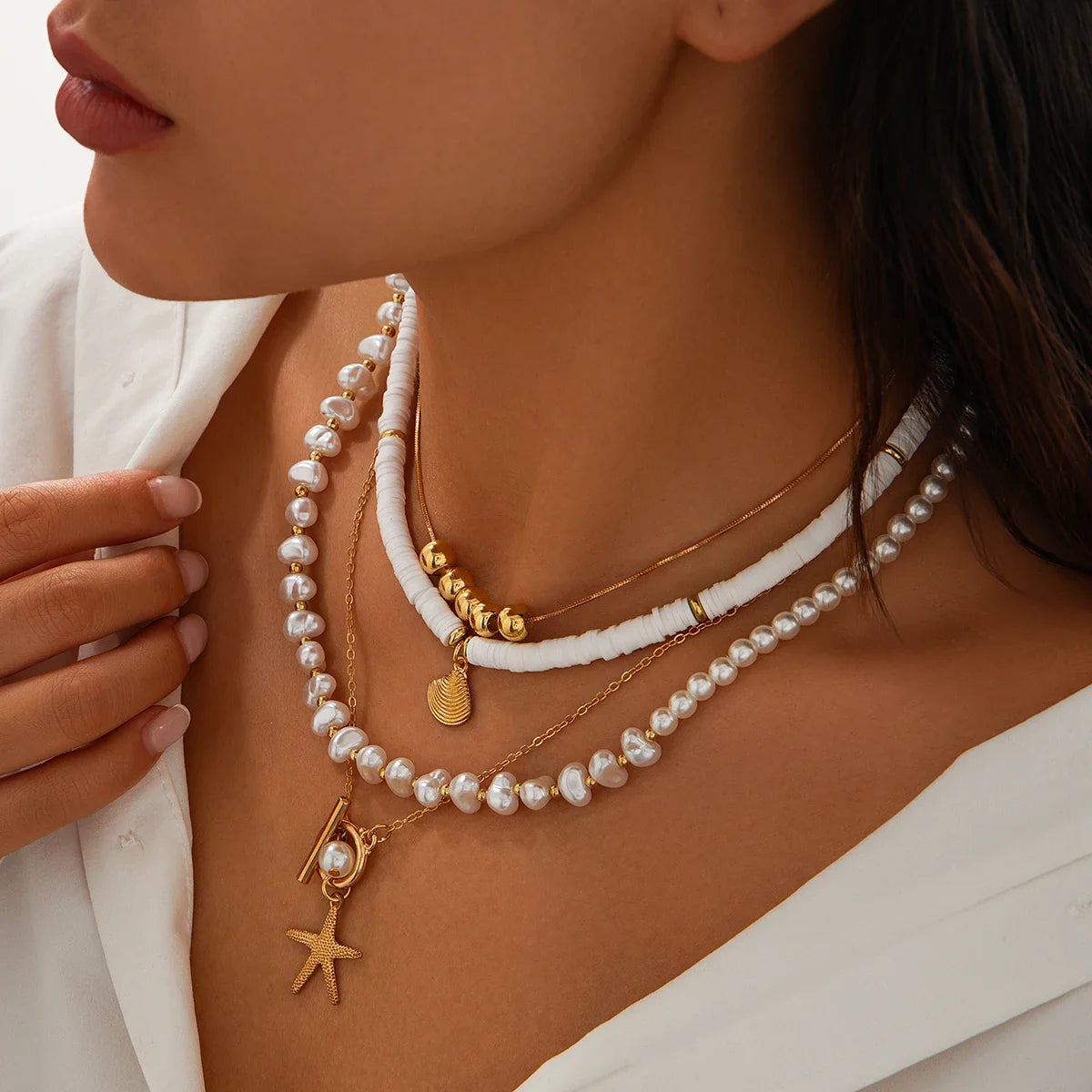 Ingemark 3Pcs/Set Bohemian Scallop Starfish Pendant Necklace for Women  Elegant Imitation Pearl Chain Jewelry Accessories Gift