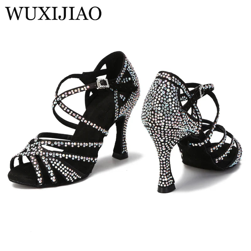WUXIJIAO Women Party Dance Shoes Satin Shining rhinestones Soft Bottom Latin Dance Shoes Woman Salsa Dance Shoes heel