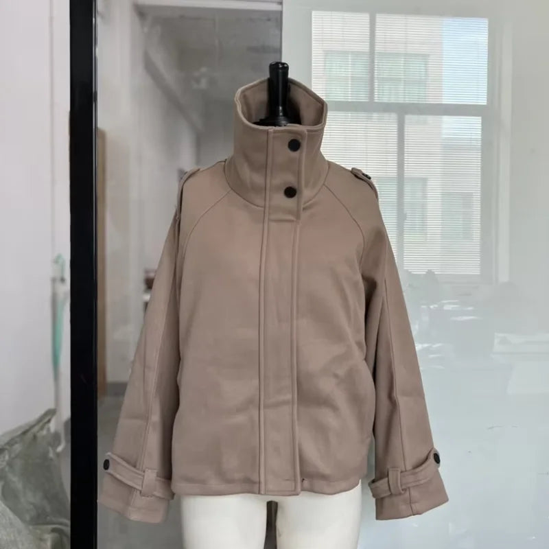 Fashion Short Woolen Coat For Women Stand Collar Full Sleeve Loose Zipper Jacket Female 2025 Spring Autumn Solid Lady Outwear