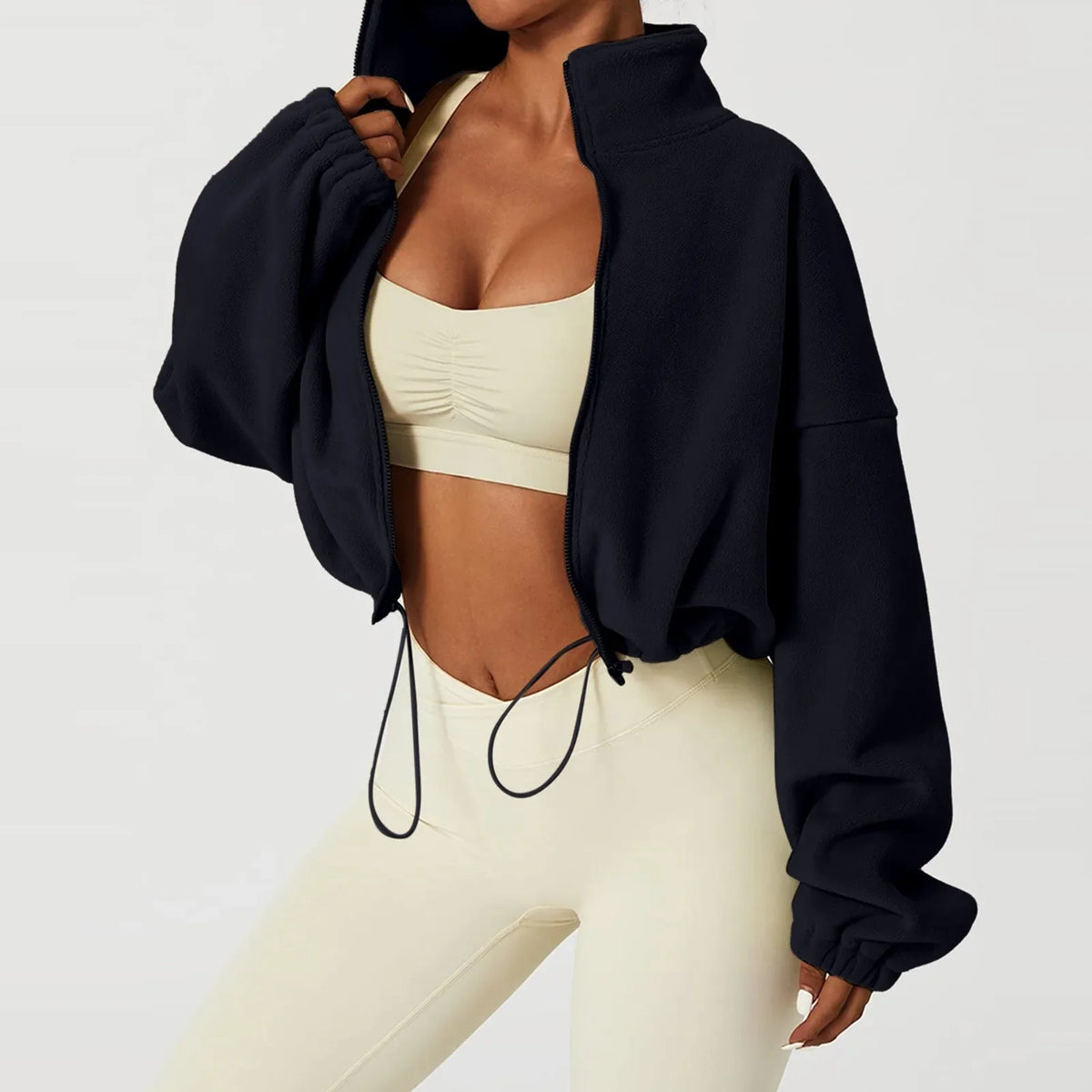 Women Autumn Stand Collar Fleece Jacket Zip Up Cropped Coat Solid Sweatshirt Top Drawstring Fashion Casual Outerwear Sportswear