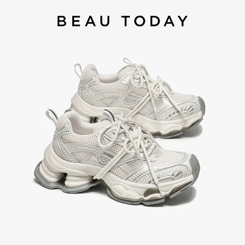 BEAUTODAY Chunky Sneakers Women Synthetic Leather Mesh Round Toe Lace-up Sports Trainers Ladies Patchwork Shoes Handmade 29A51