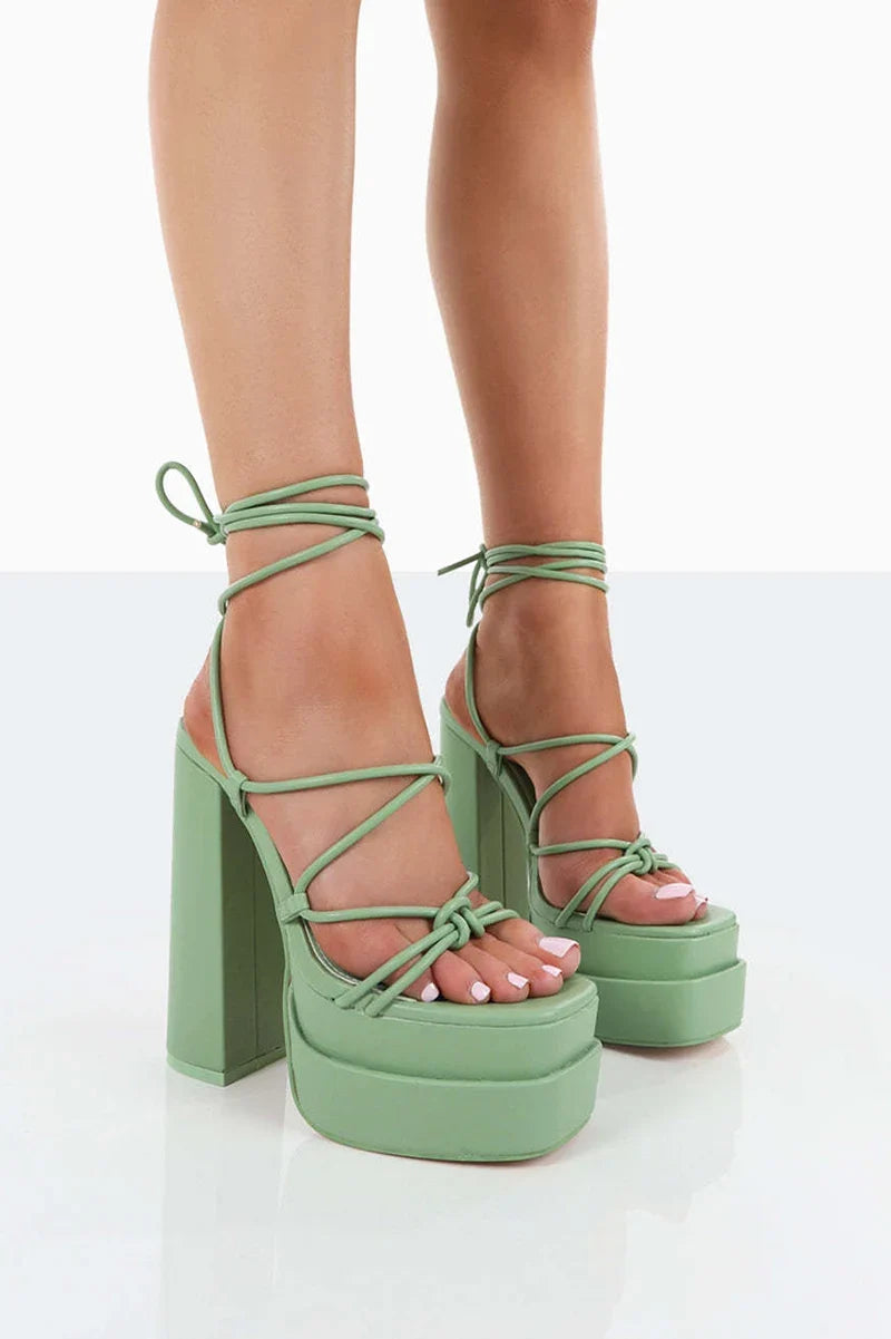 FF2025 New Fashion Solid Colored Cross-tied Heels Supper High Platform Dressing Sandals Peep-toe Square Heel Summer Footwear
