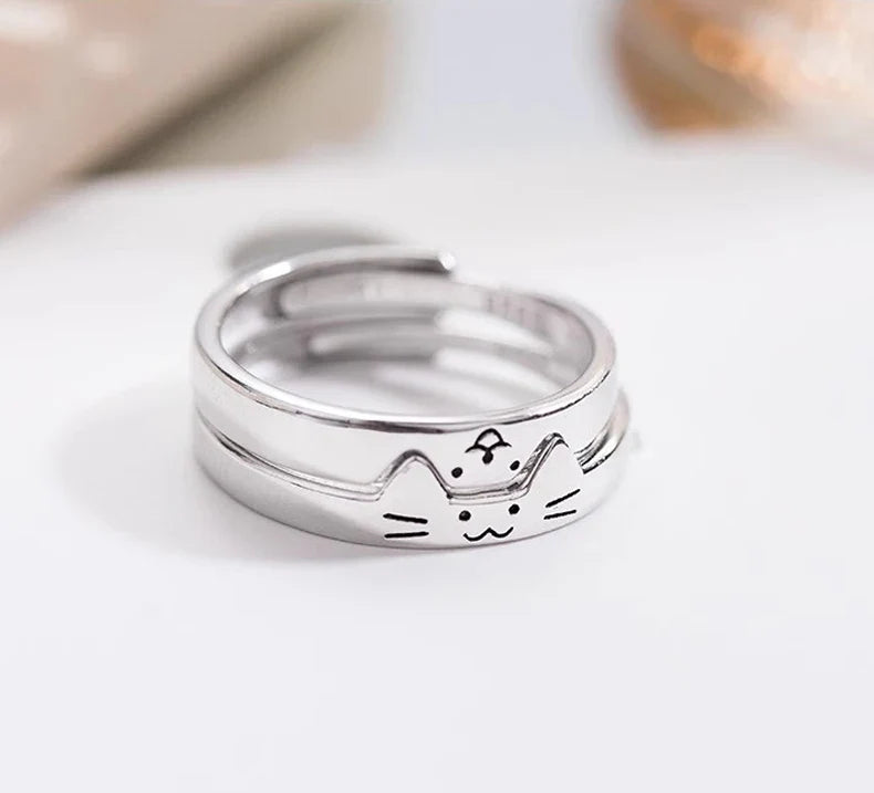 2pcs Simple Design Cute Cat Dog Animal Adjustable Couple Ring for Women Men Cartoon Fashion Couple  Friends Rings Jewelry Gifts