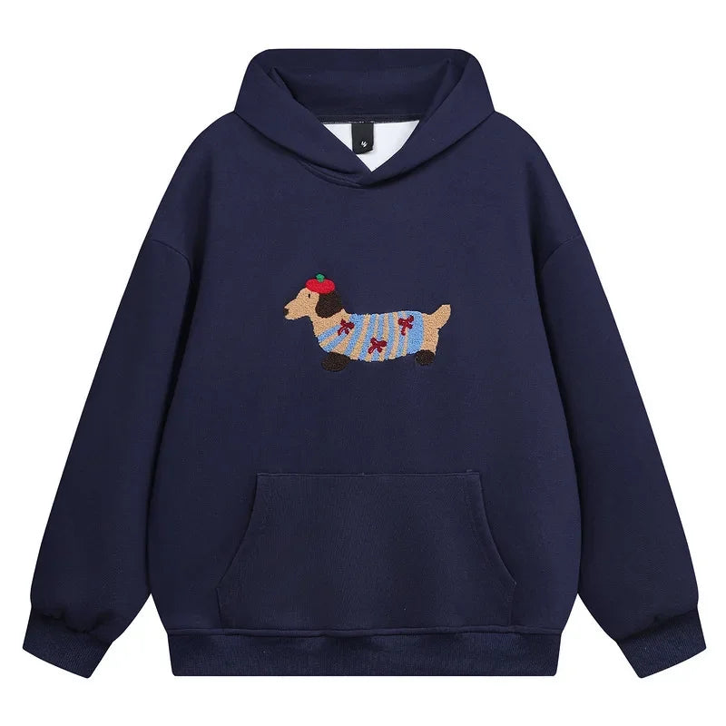 Unisex Hooded Sweatshirt Chinese Style Printed Loose Fit Couple Top Autumn Winter Casual Streetwear Minimalist Pullover