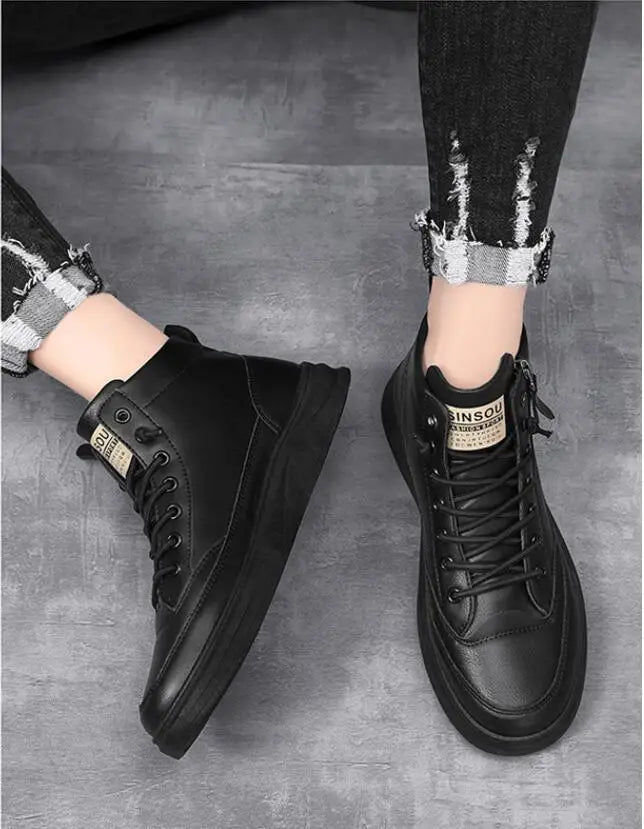 Men Boots Autumn High Top Leather Casual Shoes Fashion Cotton Shoes Flat Ankle Boots Business Outdoor Shoes Man Sneakers New